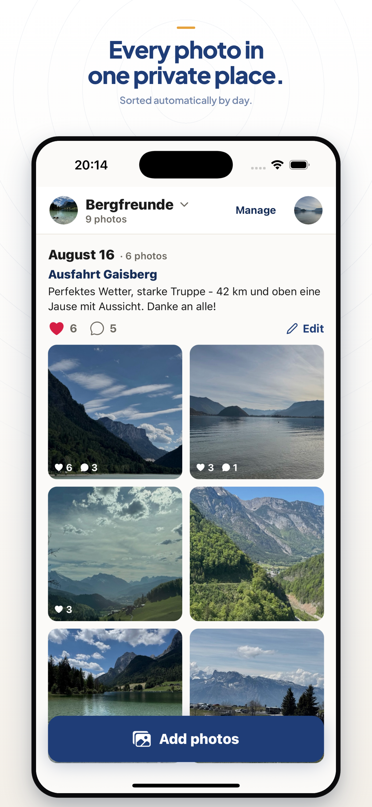 Kreis feed screen showing a private group photo album sorted by day.