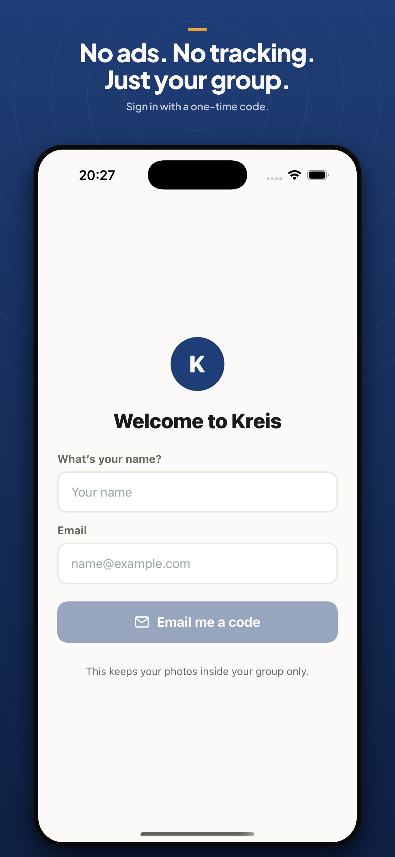 Kreis sign-in screen for joining a private photo group with email.
