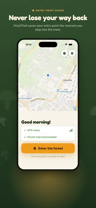 MushTrail home screen showing forest entry point saving and offline map readiness.