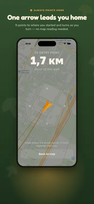 MushTrail compass screen showing the direction and distance back to the entry point.