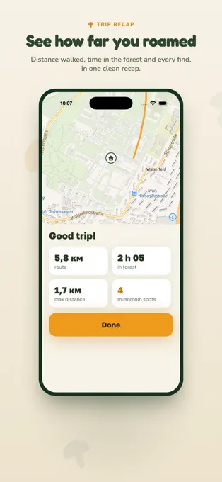 MushTrail trip recap screen showing route distance, time in forest, and saved spots.